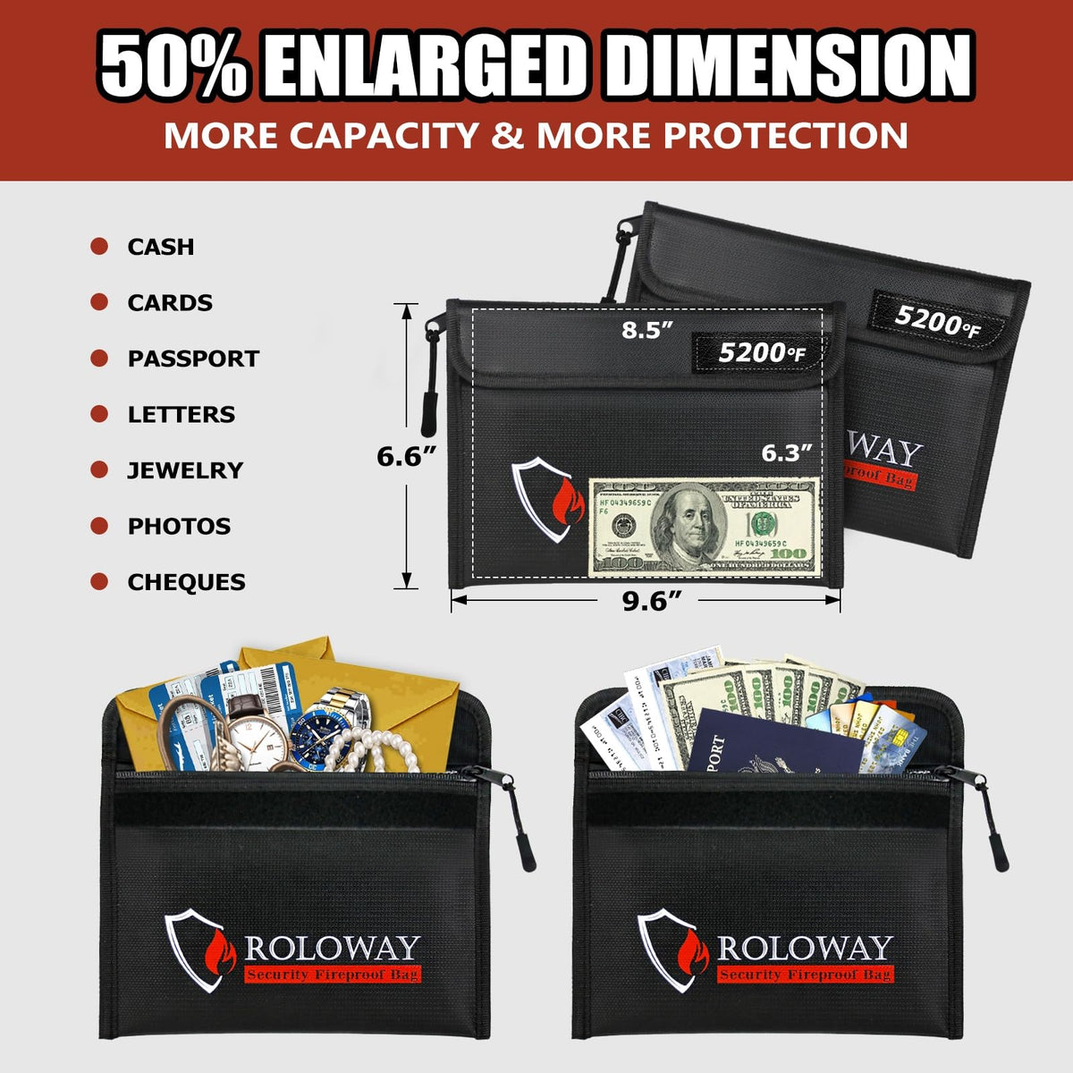 ROLOWAY Fireproof Bag interior capacity shows space for cash, passports, and cards