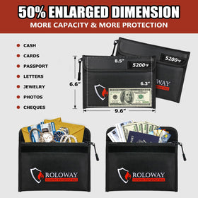ROLOWAY Fireproof Bag interior capacity shows space for cash, passports, and cards