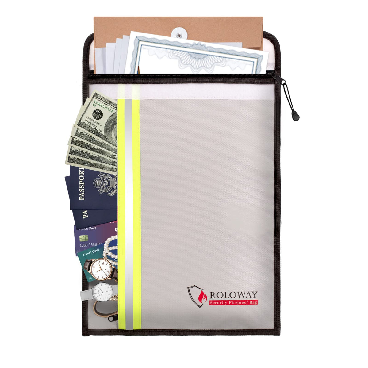 ROLOWAY fireproof bag large pocket for legal documents, heat resistant storage.