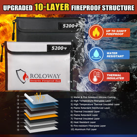 Close view of ROLOWAY fireproof bag's 10-layer insulation for protection.
