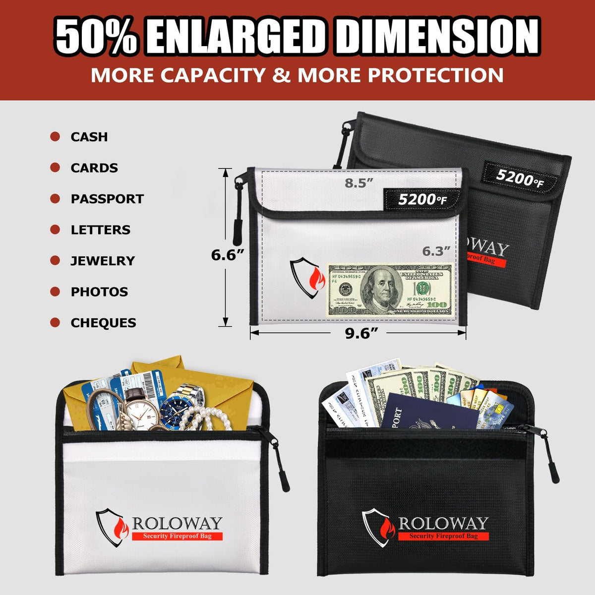 ROLOWAY fireproof bag with water-resistant zipper protects contents in rain.