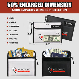 ROLOWAY fireproof bag with water-resistant zipper protects contents in rain.