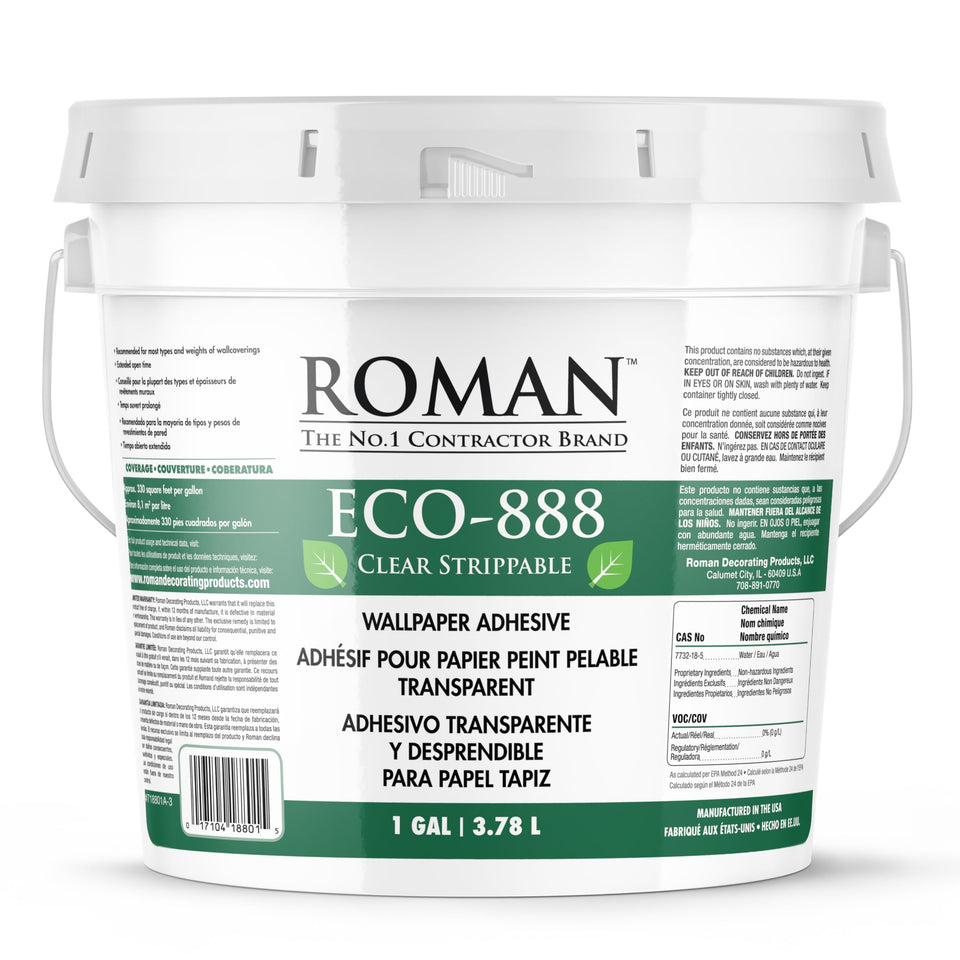 ROMAN ECO-888 clear adhesive bottle for smooth wallpaper mounting and precise coverage