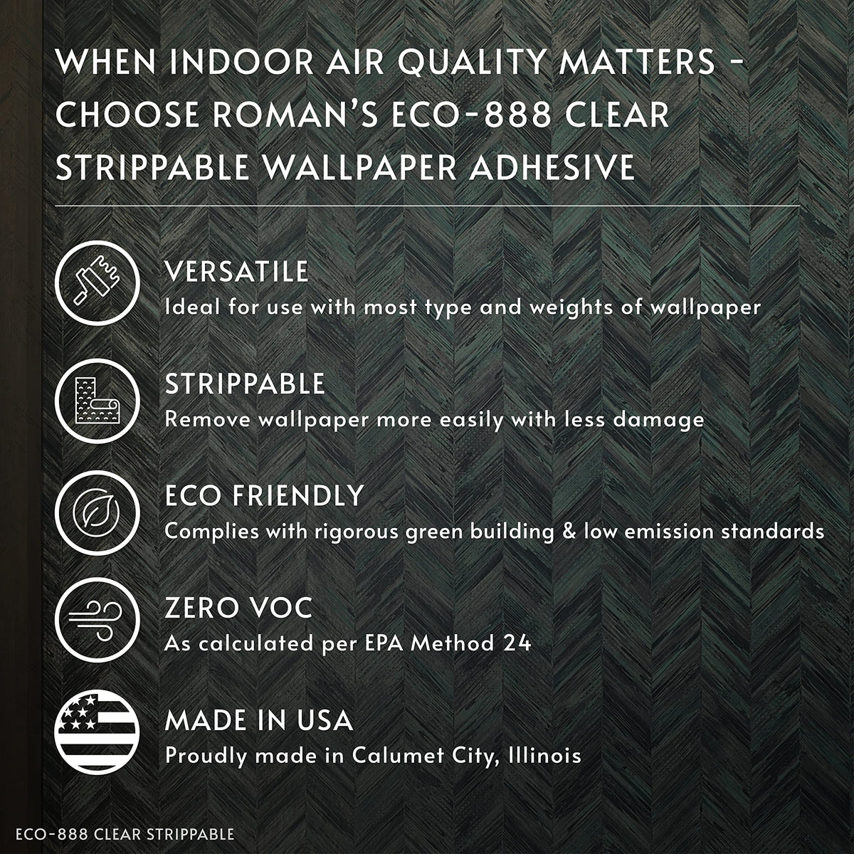 ROMAN ECO-888 packaging highlights 330 sq ft coverage per gallon