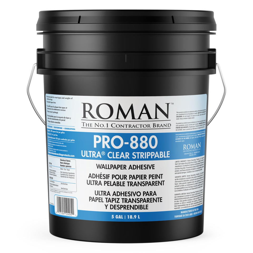 Roman PRO-880 five-gallon tub for versatile wallcovering installations with clear adhesion.