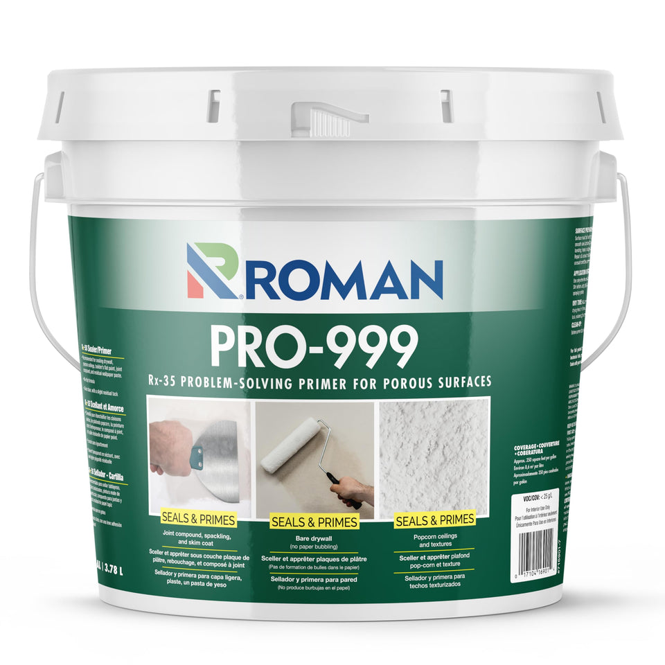 Roman PRO-999 primer for drywall prep creates a ready surface for wallpaper.