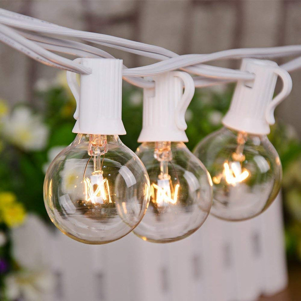 Romasaty 25ft outdoor white string lights with 27 bulbs for patio use and easy setup.