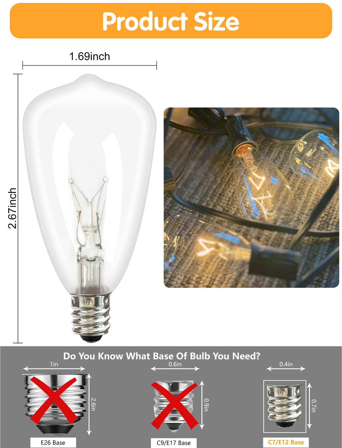 Romasaty ST35 bulb with E12 base fits C7 sockets for retro decor