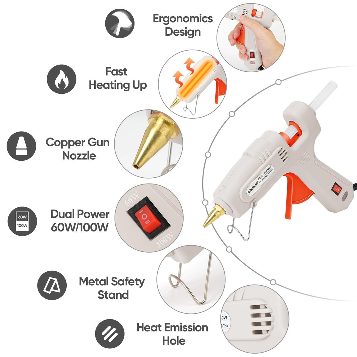 ROMECH glue gun copper nozzle ensures even heat for smooth glue flow