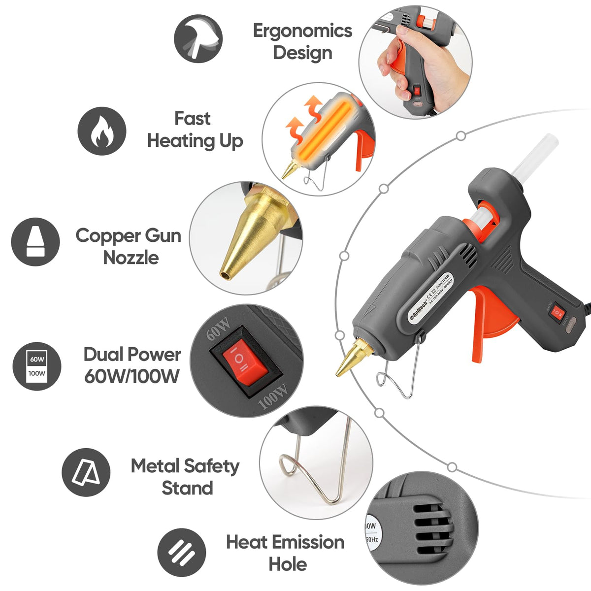 ROMECH glue gun with copper nozzle for smooth, even glue flow