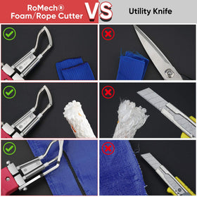ROMECH industrial cutting setup handles canvas and rope with ease.