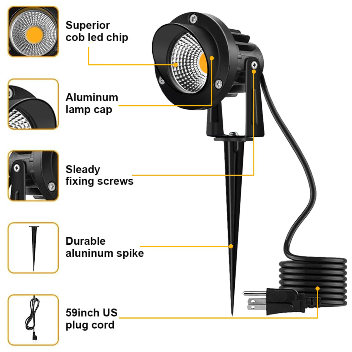 Romwish LED landscape spotlight 10W durable die-cast aluminum construction for outdoors.