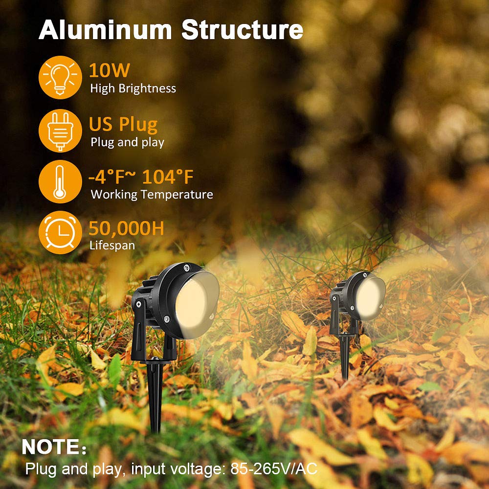 Romwish LED landscape spotlight 10W side angle illuminating trees and borders.