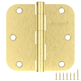 RONESS nine-pack brushed gold hinges for 3.5 inch doors with 5/8 inch radius, versatile home use.