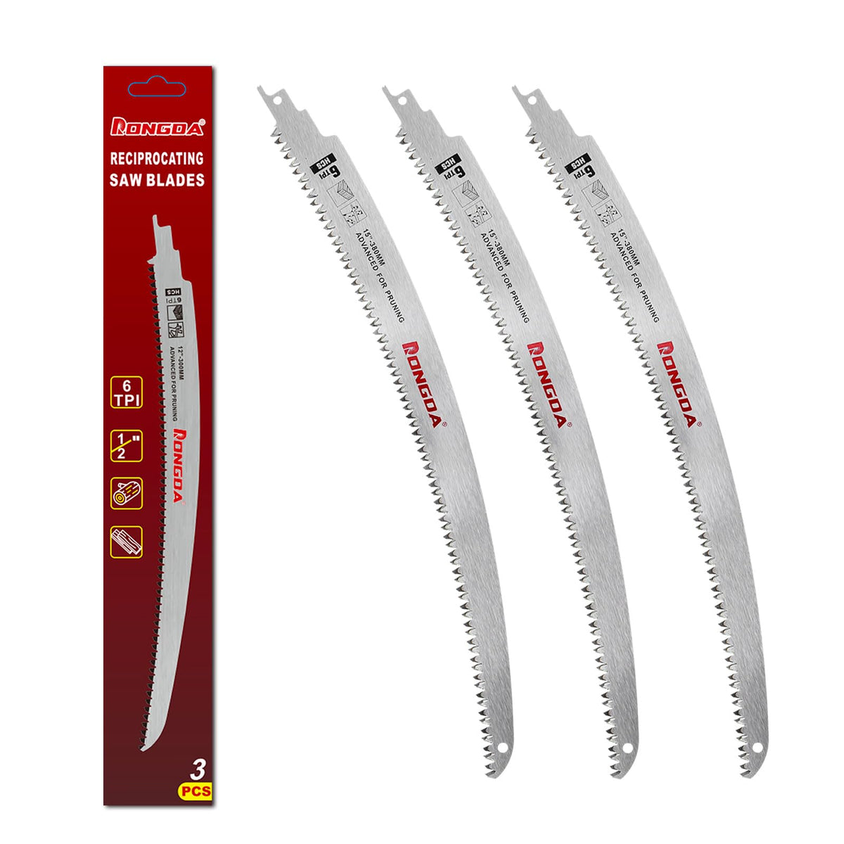 Rongda 15 inch arc-edge blade cutting through thick branches for smooth pruning