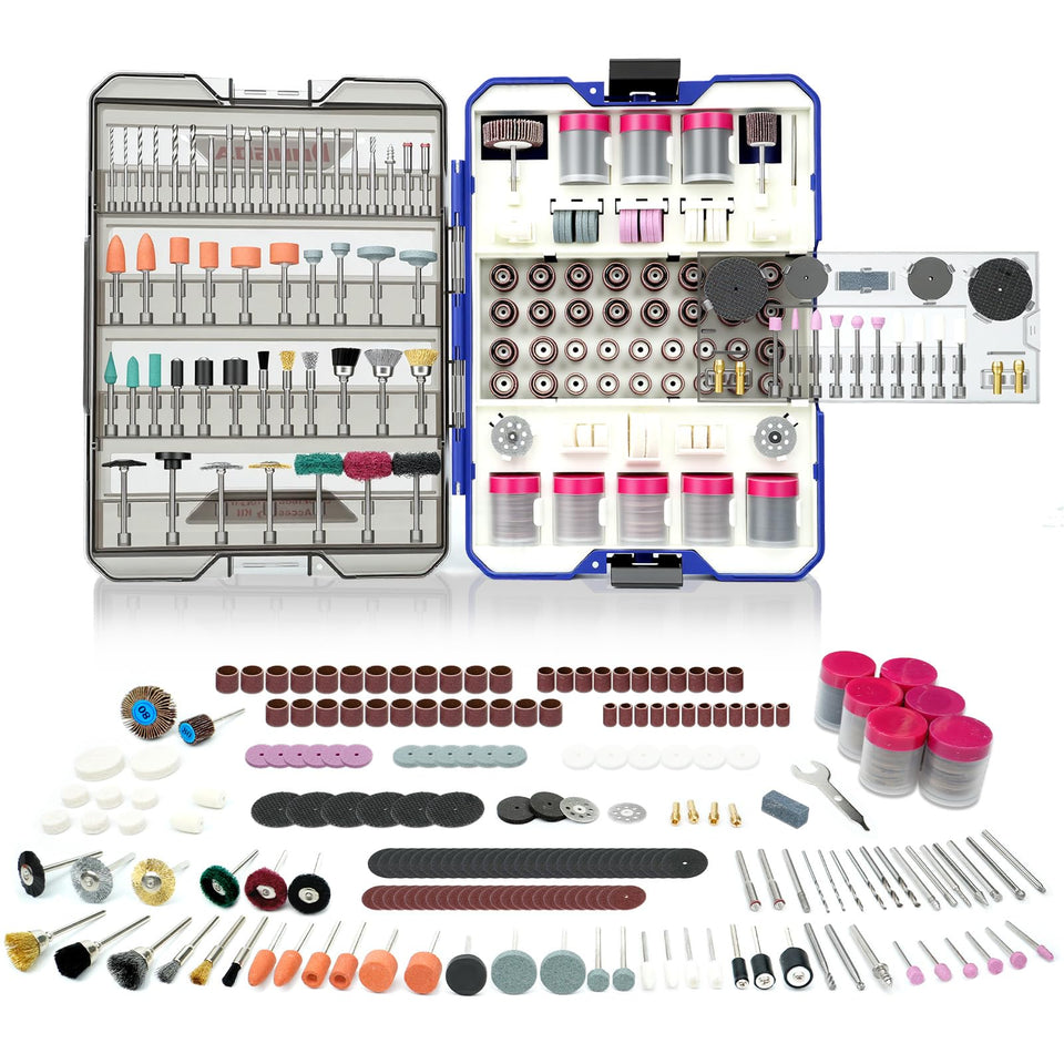 RONGDA 652-piece rotary tool kit case open with versatile attachments for DIY projects.