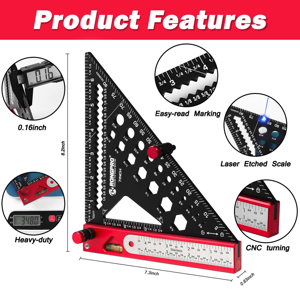Rongpro 8-in-1 protractor angle capture for accurate site checks