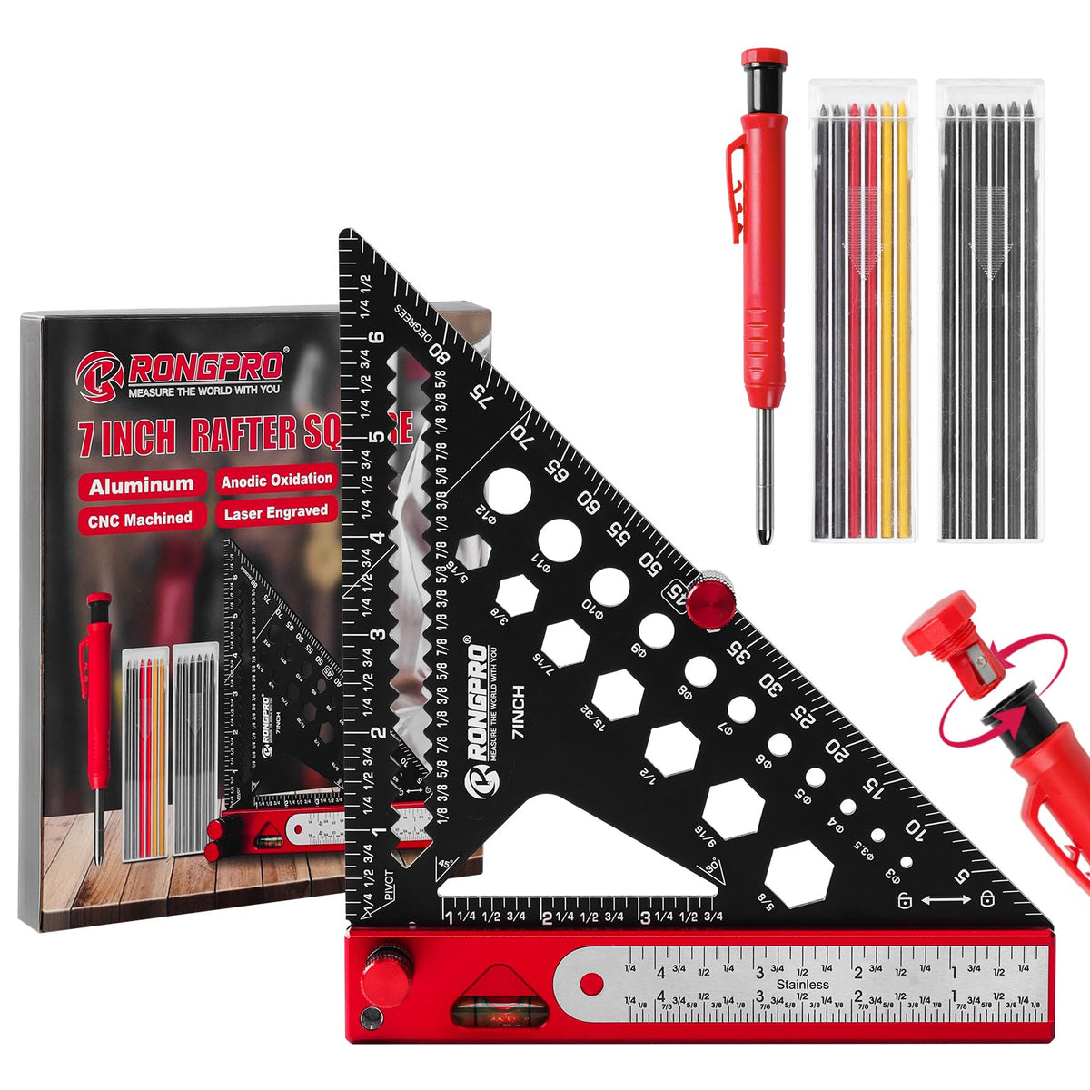 Rongpro 8-in-1 rafter square front view for precise marking