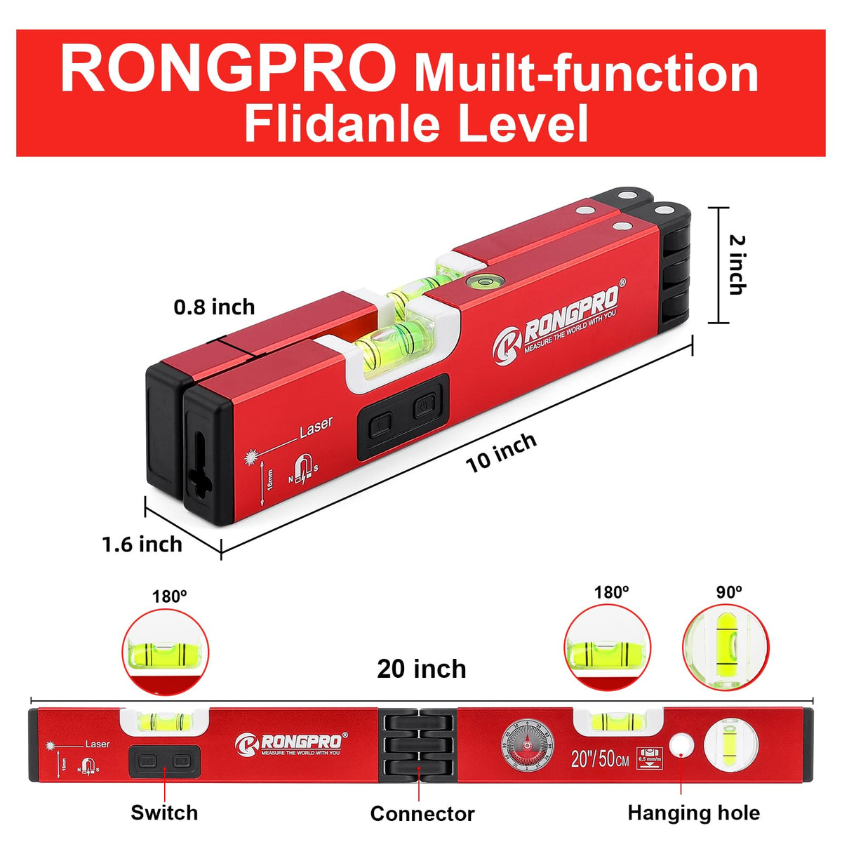 RONGPRO foldable level in rectangle storage mode for portable use.