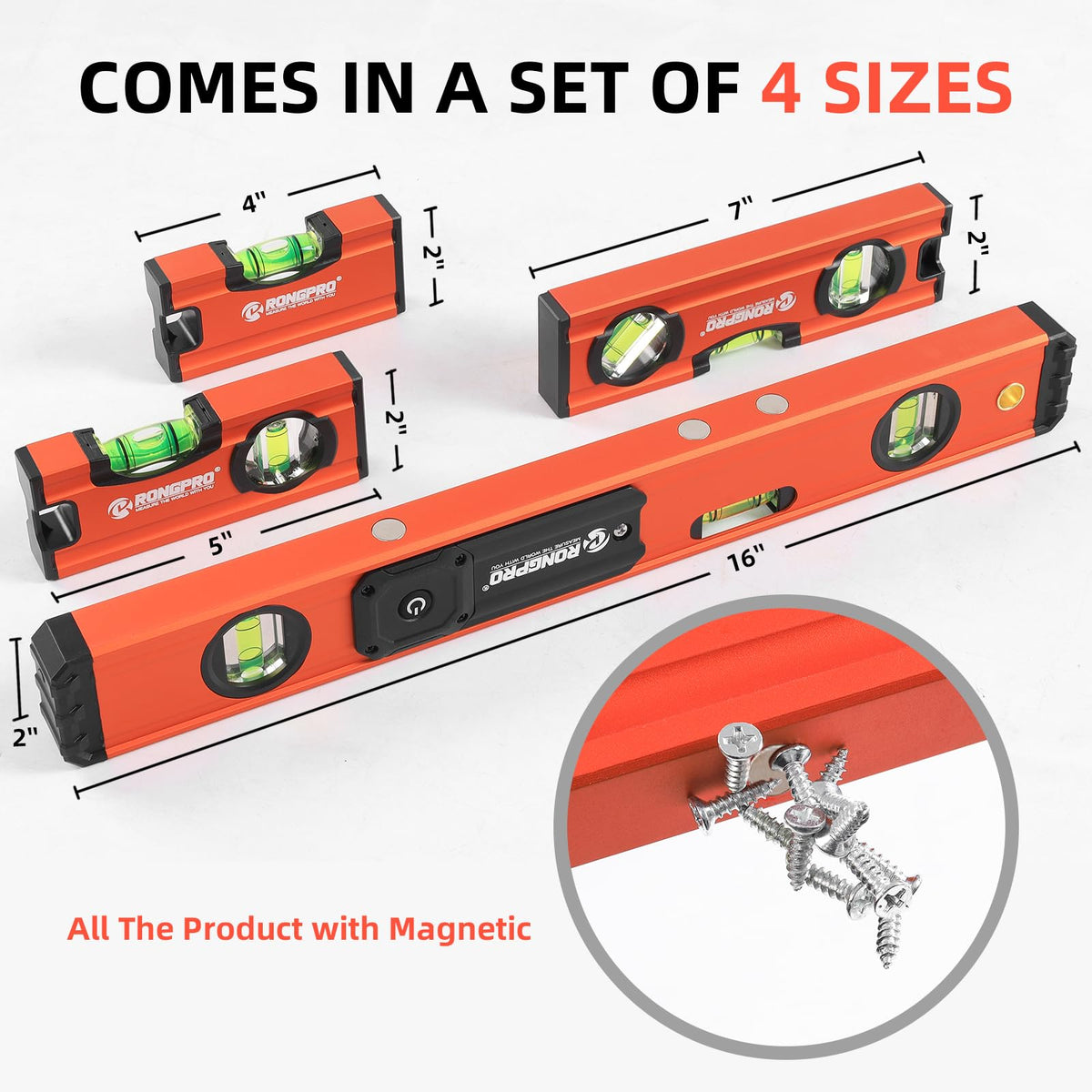RONGPRO four-piece spirit level set provides versatile sizes for various tasks.