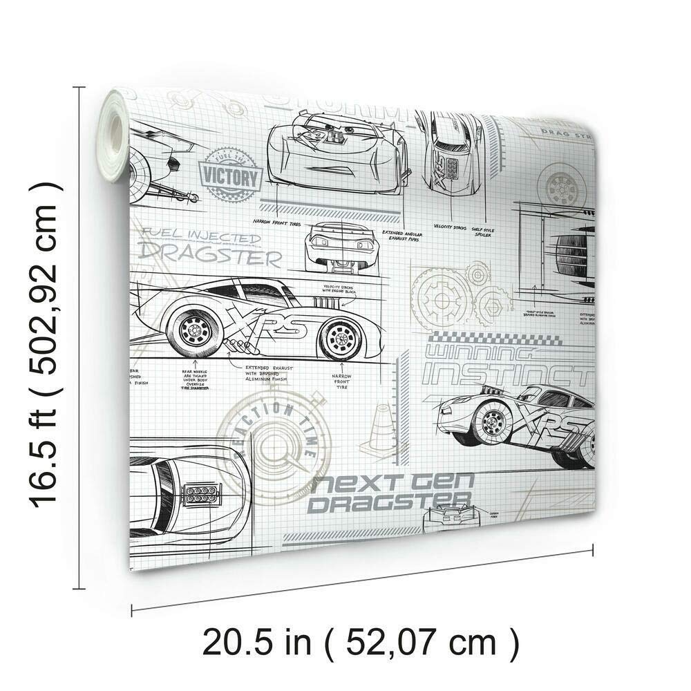 RoomMates grey-white Cars design provides neutral backdrop for playful accessories