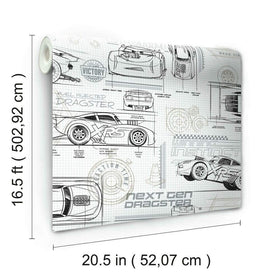 RoomMates grey-white Cars design provides neutral backdrop for playful accessories
