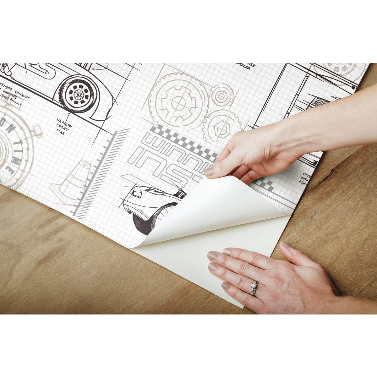 RoomMates Cars schematic wallcovering blueprints add playful detail to kids rooms