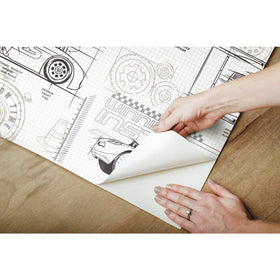 RoomMates Cars schematic wallcovering blueprints add playful detail to kids rooms