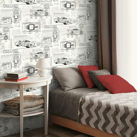RoomMates Disney Cars Schematic wallpaper in grey and white, quick, mess-free roll installation