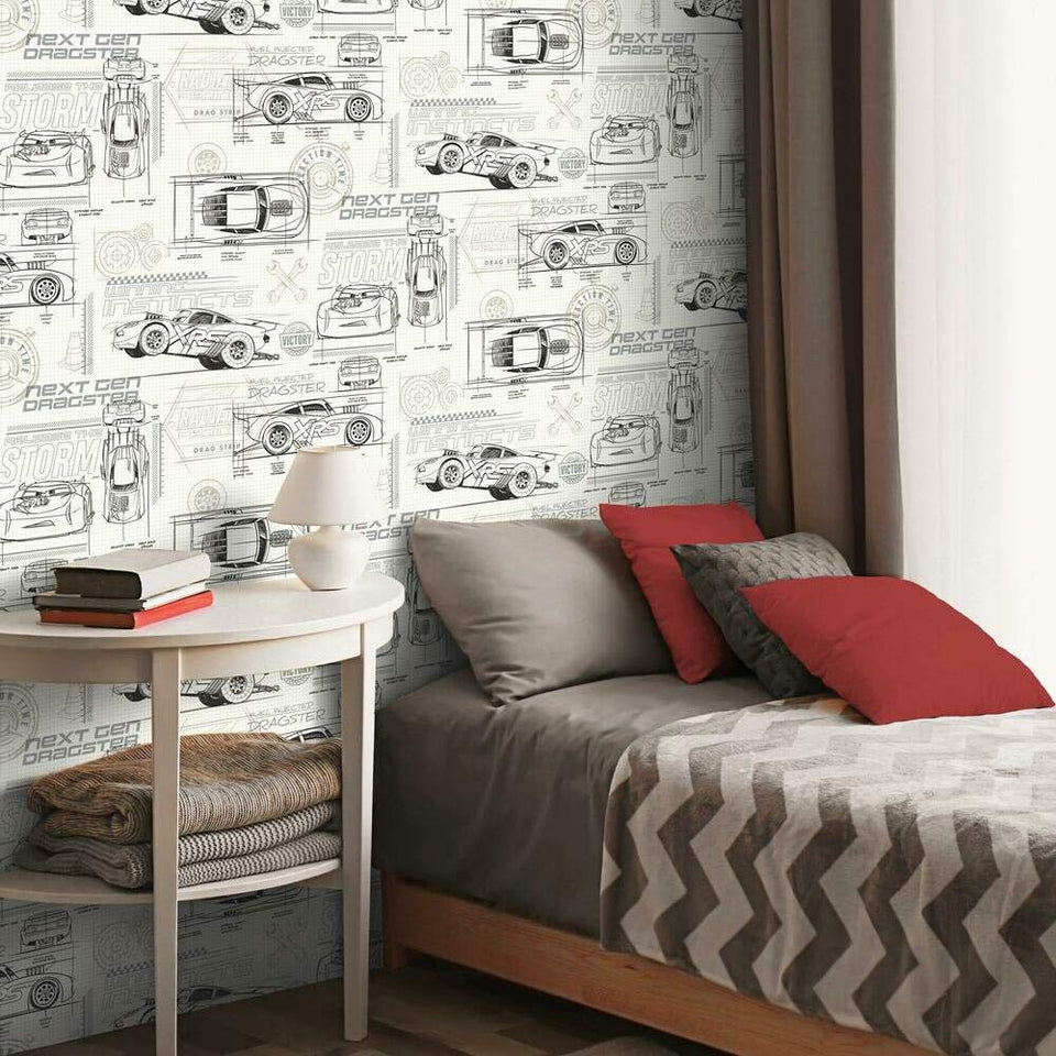 RoomMates Disney Cars Schematic wallpaper in grey and white, quick, mess-free roll installation