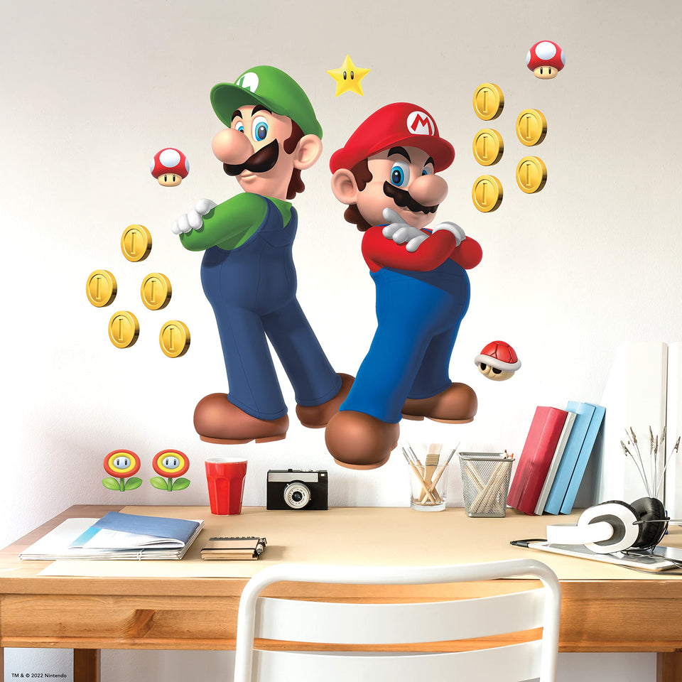 RoomMates Mario and Luigi wall decal assembly creates bold Mario scene.