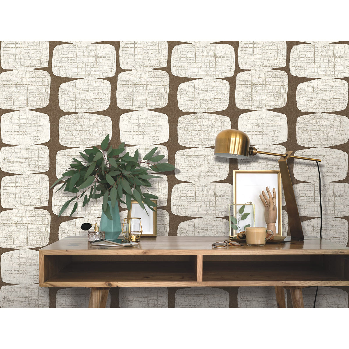 RoomMates RMK12349PL beads wallpaper roll close-up, easy peel-and-stick application.