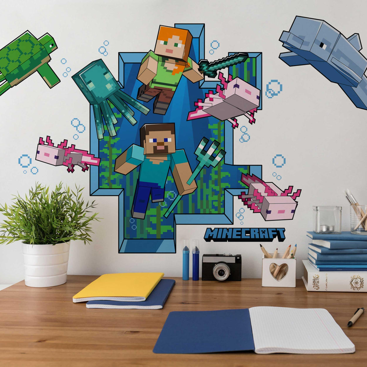 RoomMates Minecraft Giant Wall Decal can be reused across spaces.