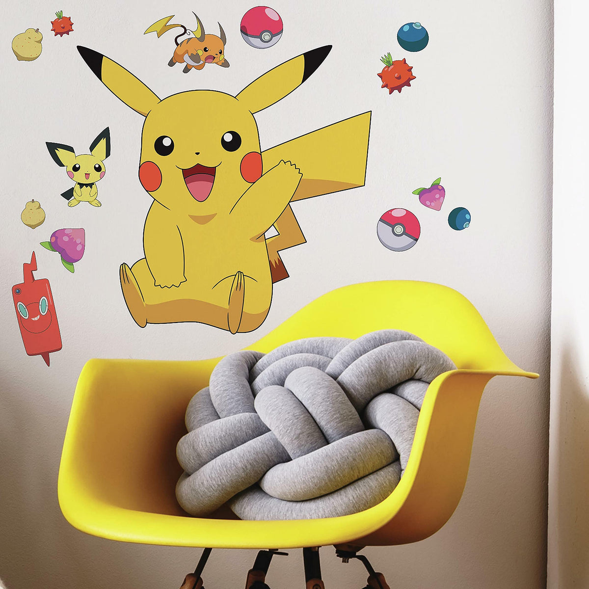 RoomMates Pikachu giant peel and stick decal on wall adds bold Pokemon flair.