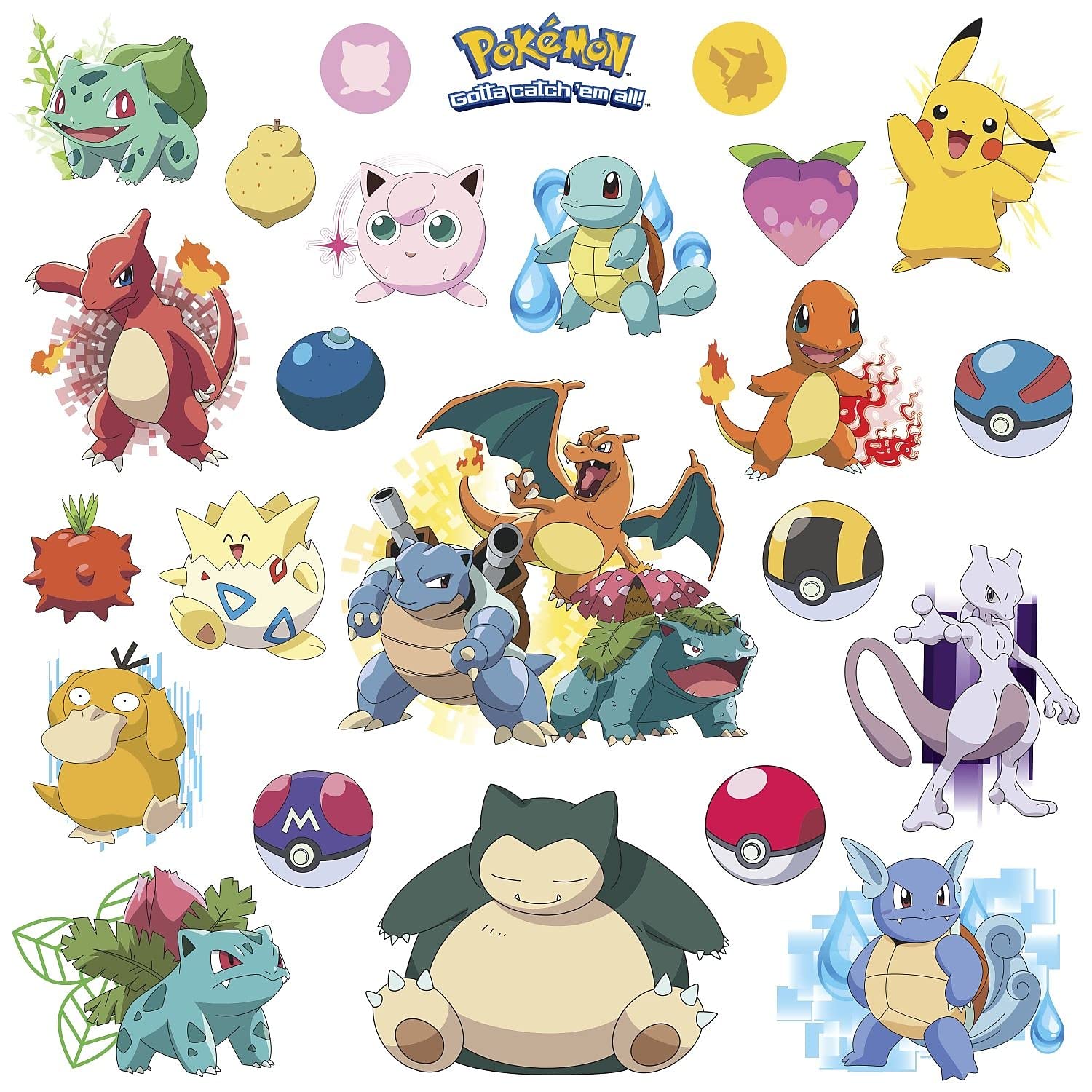 RoomMates Pokemon Iconic wall decal pack featuring 24 removable stickers for walls.