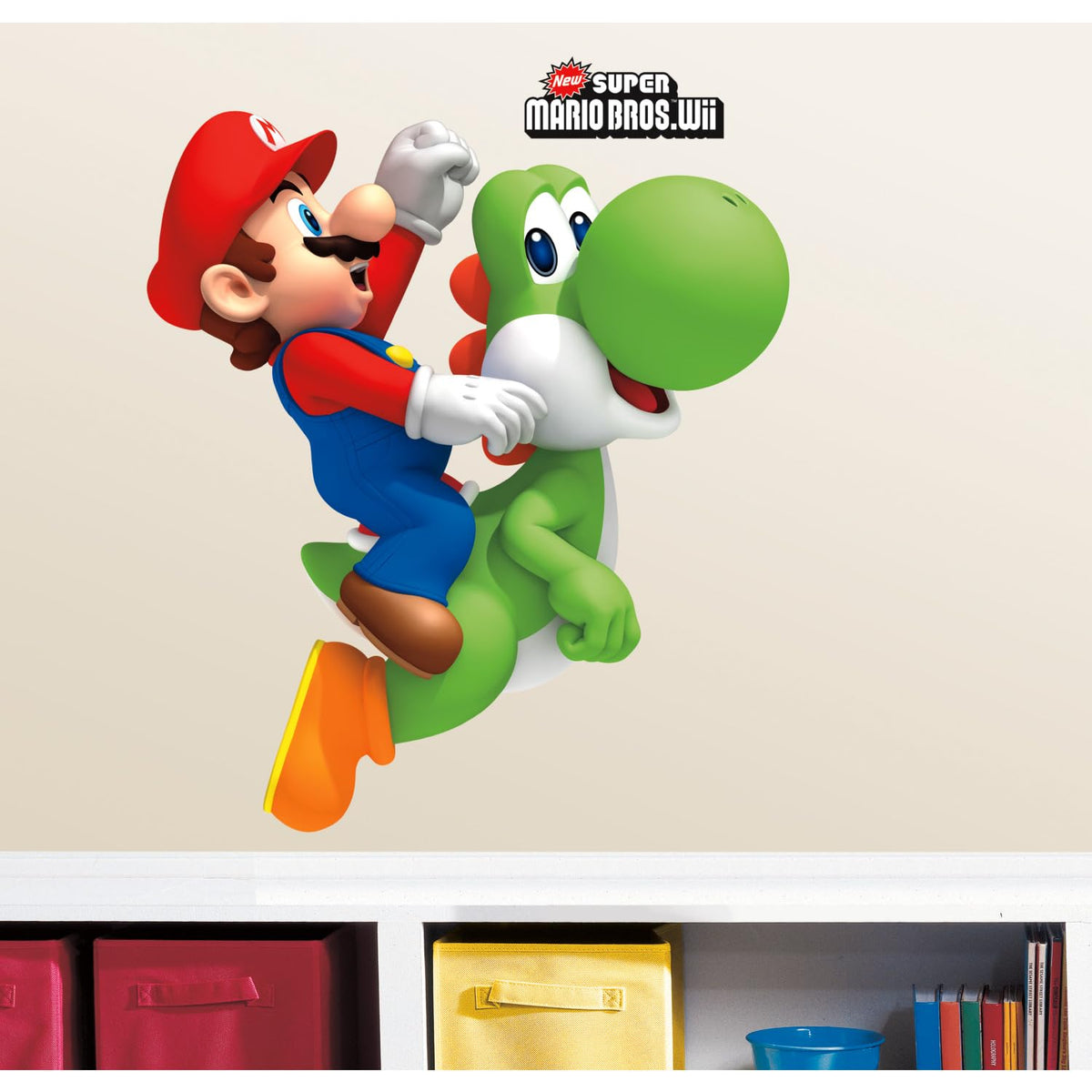 RoomMates peel-and-stick setup for Yoshi and Mario decal, simple repositioning