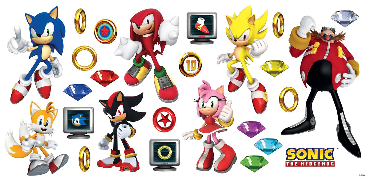 RoomMates Sonic Hedgehog wall decals set featuring main characters for vibrant playroom decor.