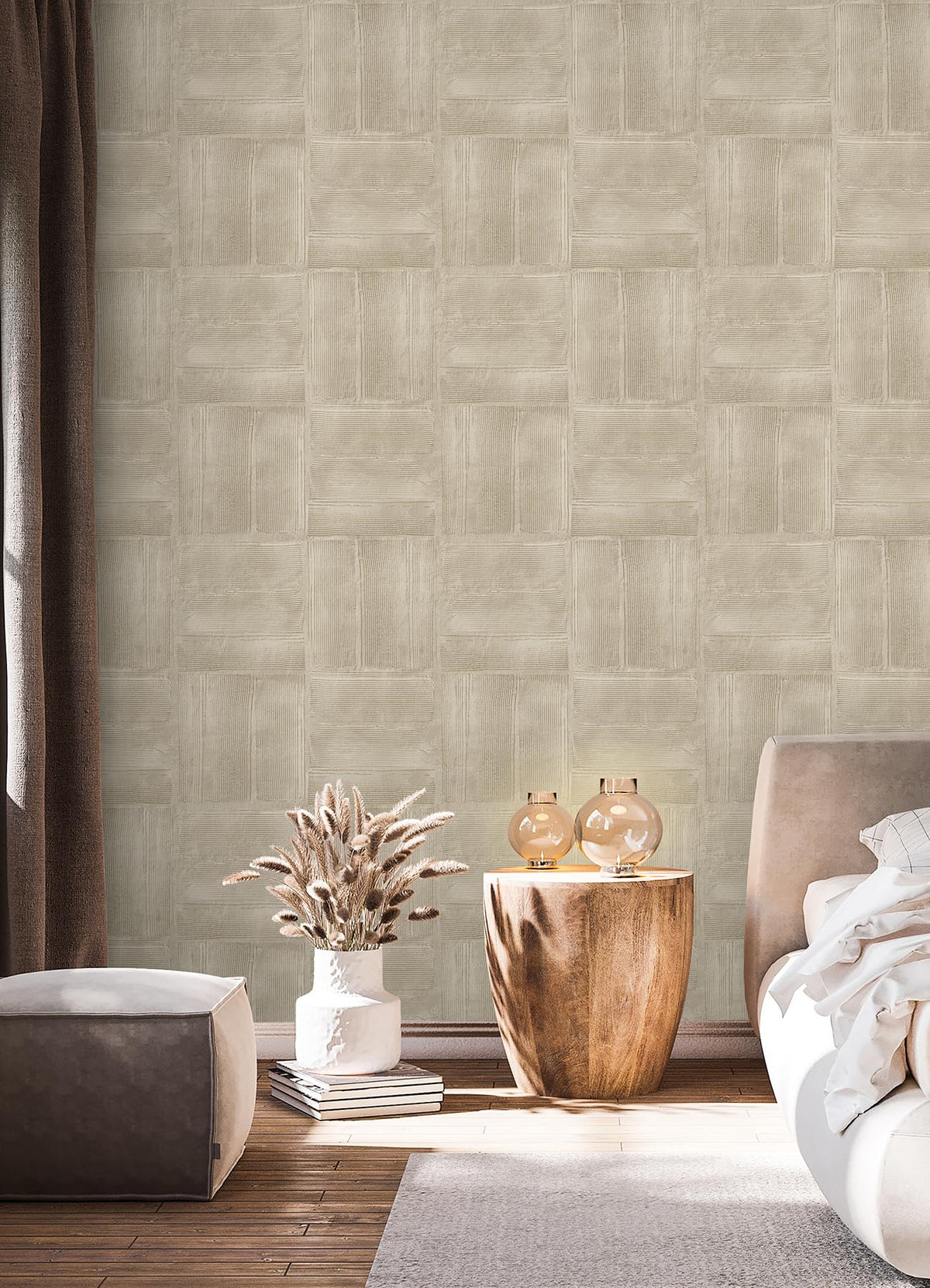 RoomMates taupe dimensional wallpaper removable feature with residue-free removal.