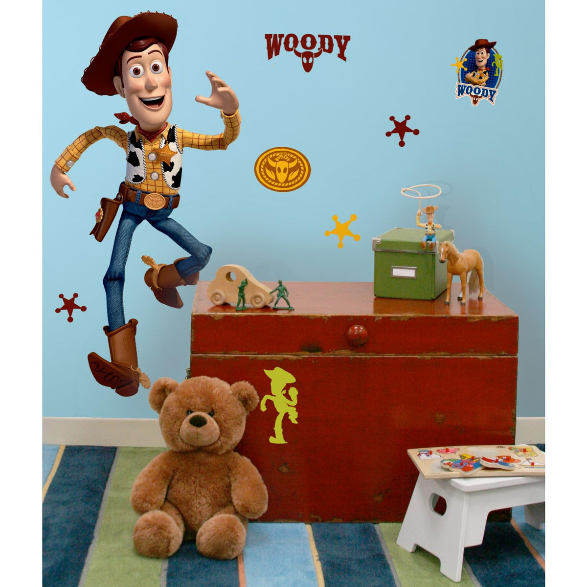 RoomMates Woody decal shows assembled size 25x50 for bold wall art.