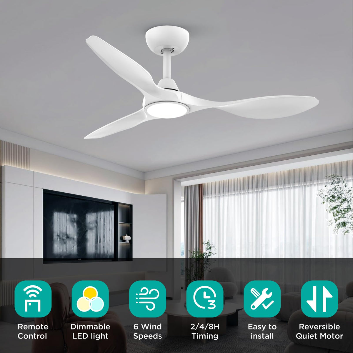 Roomratv fan blades angled for efficient airflow at low speeds in bedrooms