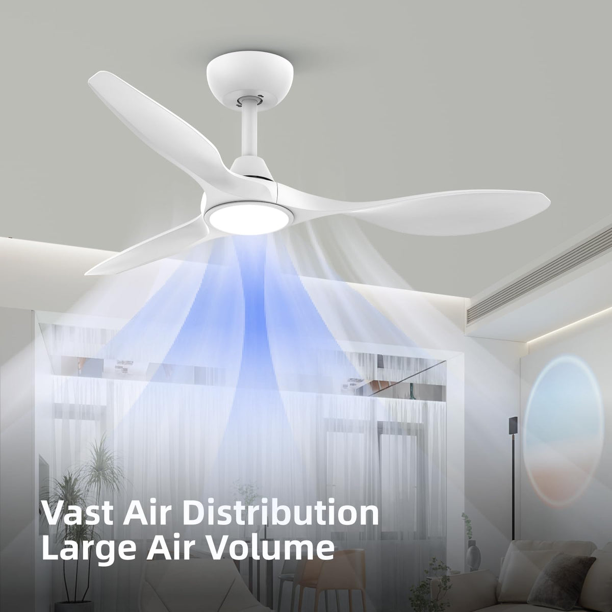 Roomratv bedroom setup with reliable ceiling fan and light