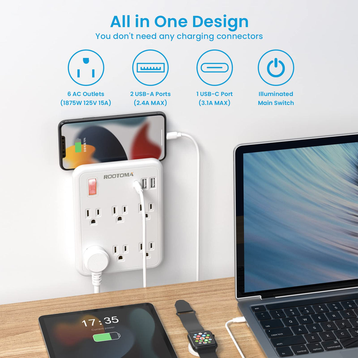Rootoma six-outlet surge protector ready for home or office use