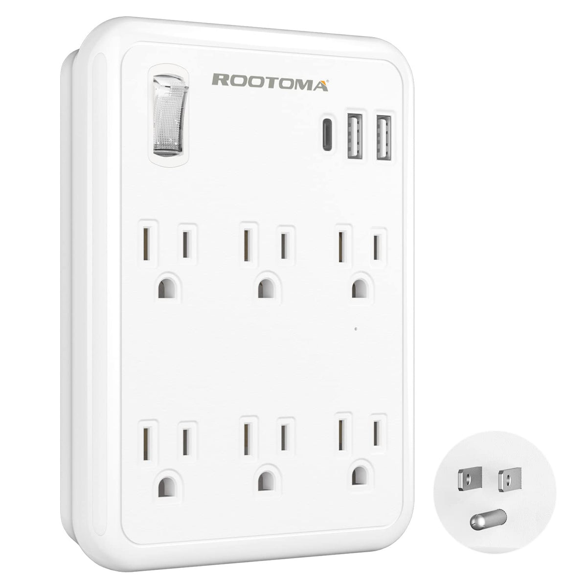 Rootoma USB wall outlet extender front view with six outlets for organized charging