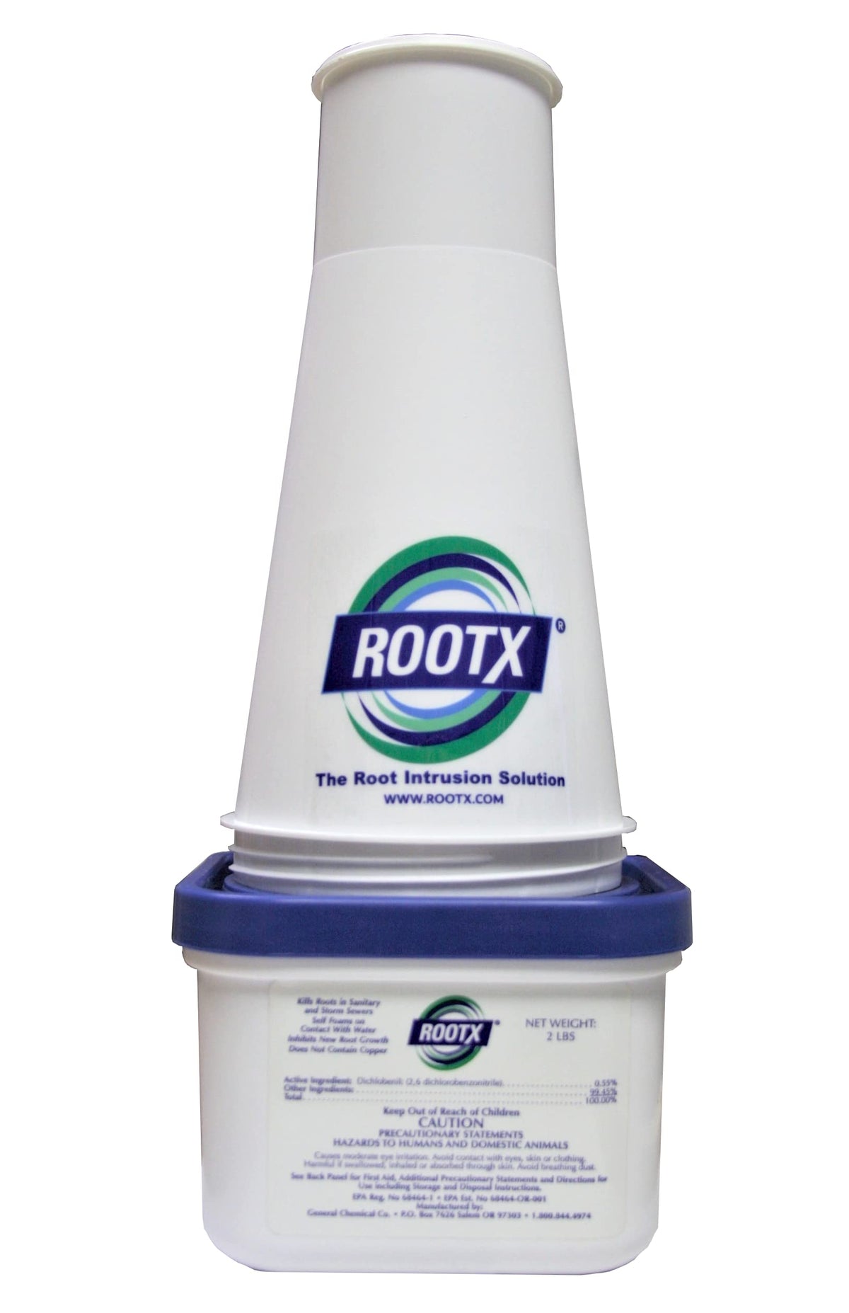 ROOTX 2 lb jar with funnel applicator for precise root control in sewer lines