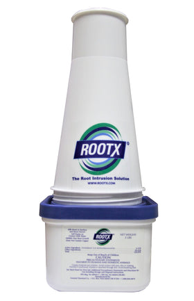 ROOTX 2 lb jar with funnel applicator for precise root control in sewer lines