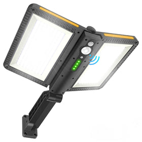 Ropelux dual-panel solar flood light providing broad outdoor coverage