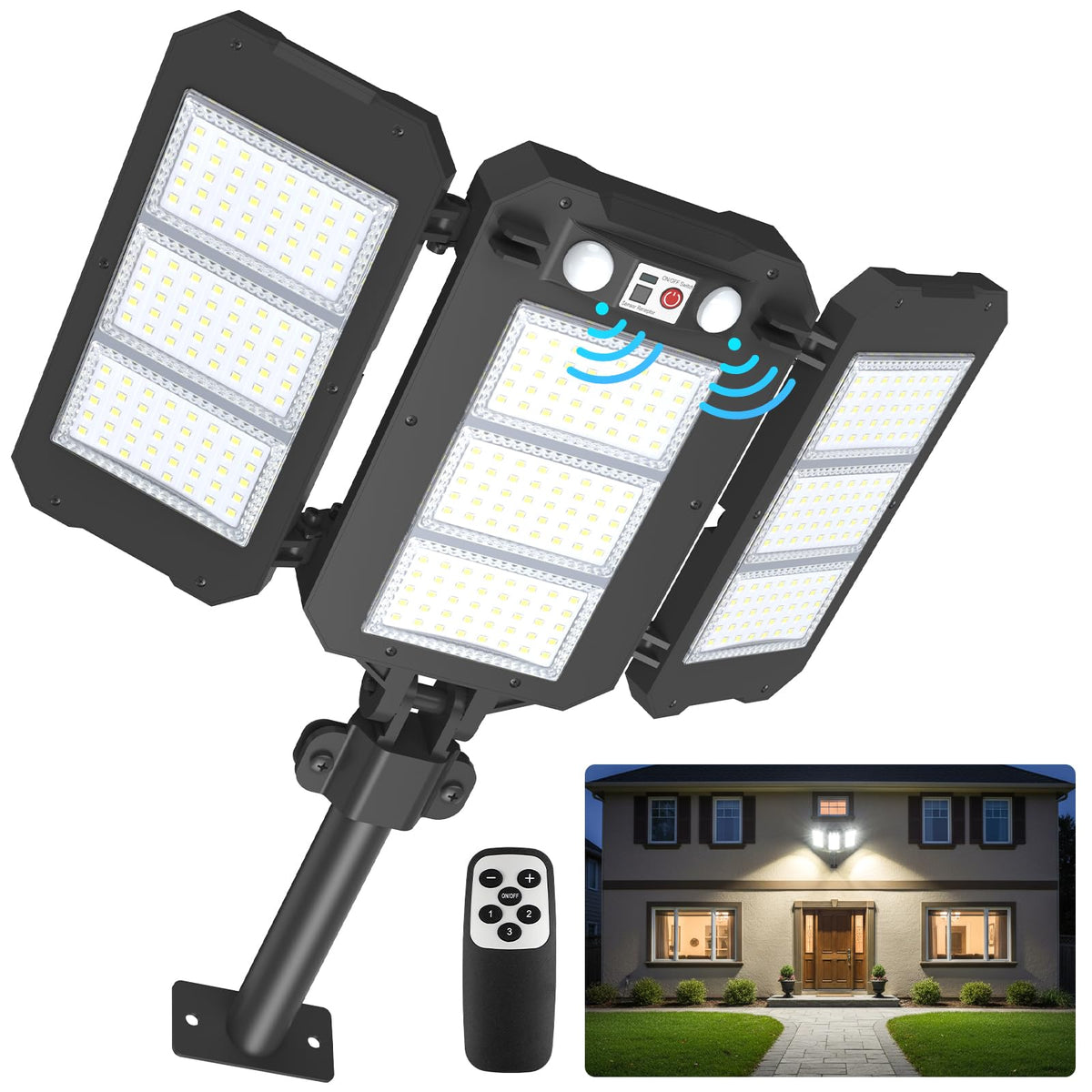RopeLux solar flood lights with 3 heads providing wide yard illumination.