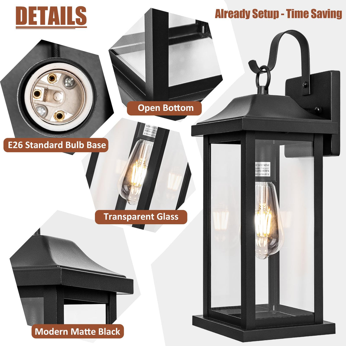 Roravilila matte black exterior lantern front view enhances curb appeal.