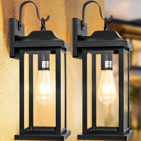 Roravilila two-pack outdoor wall lanterns illuminate entryways with modern matte black style.