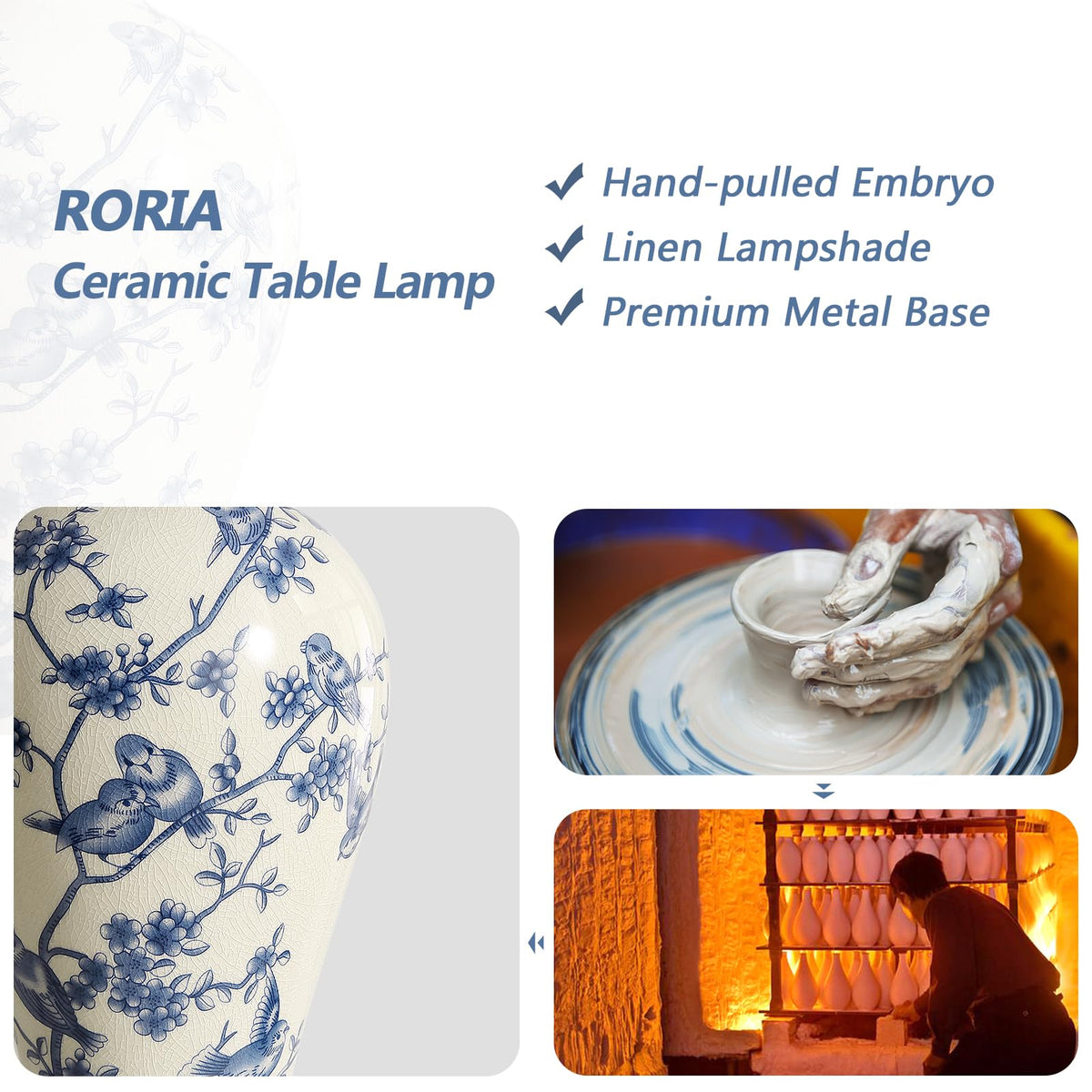 RORIA blue beige bird pattern detail highlighting porcelain-inspired charm